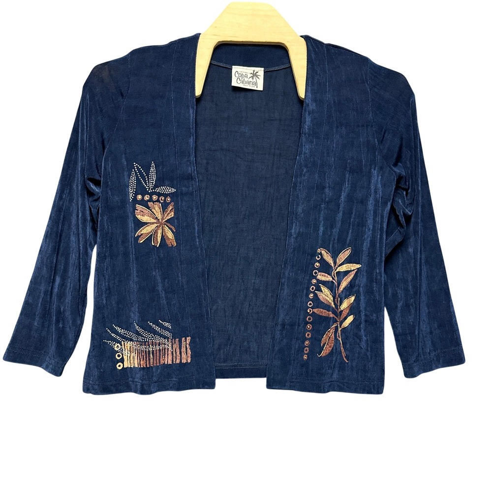 Copa Cabana Navy Blue Slinky Knit Open Front Cardigan Tropical Studded USA Made